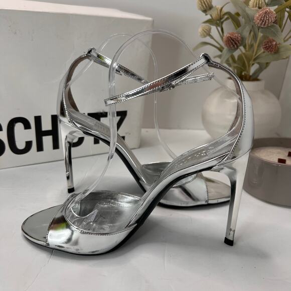 Schutz Scarlett Metallic Ankle Strap Heel Sandal Silver Women 9B Holiday Prom - Picture 6 of 11